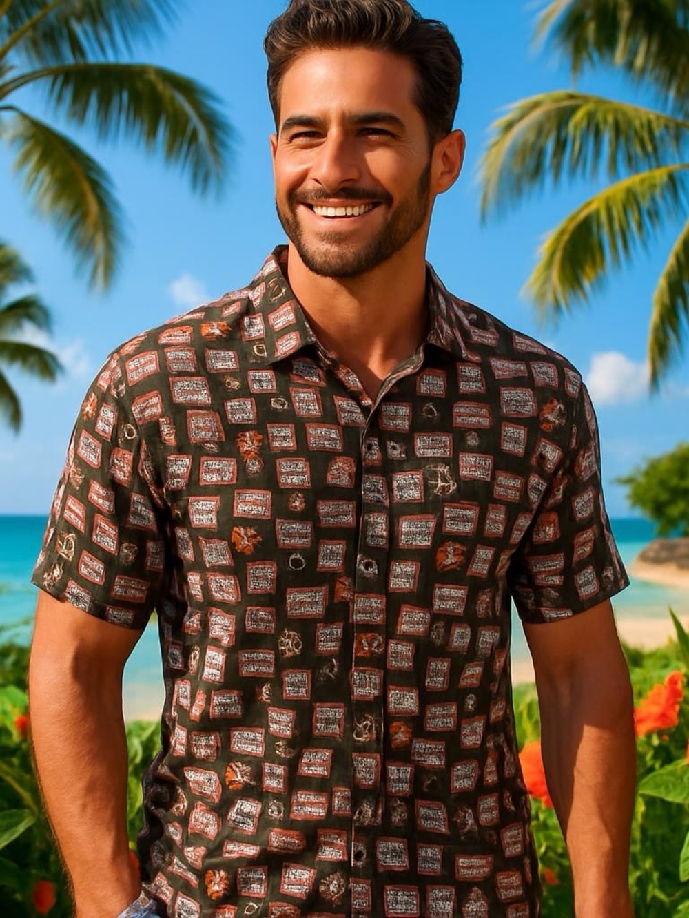 Caribbean Men's Hawaiian Shirt‎ XL Tapa Floral Coconut Buttons 100% Rayon